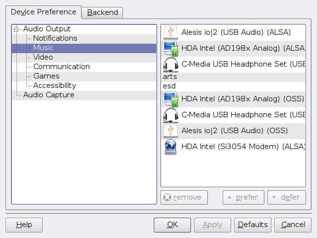 Интерфейс настройки Phonon в KDE4 с множеством доступных устройств